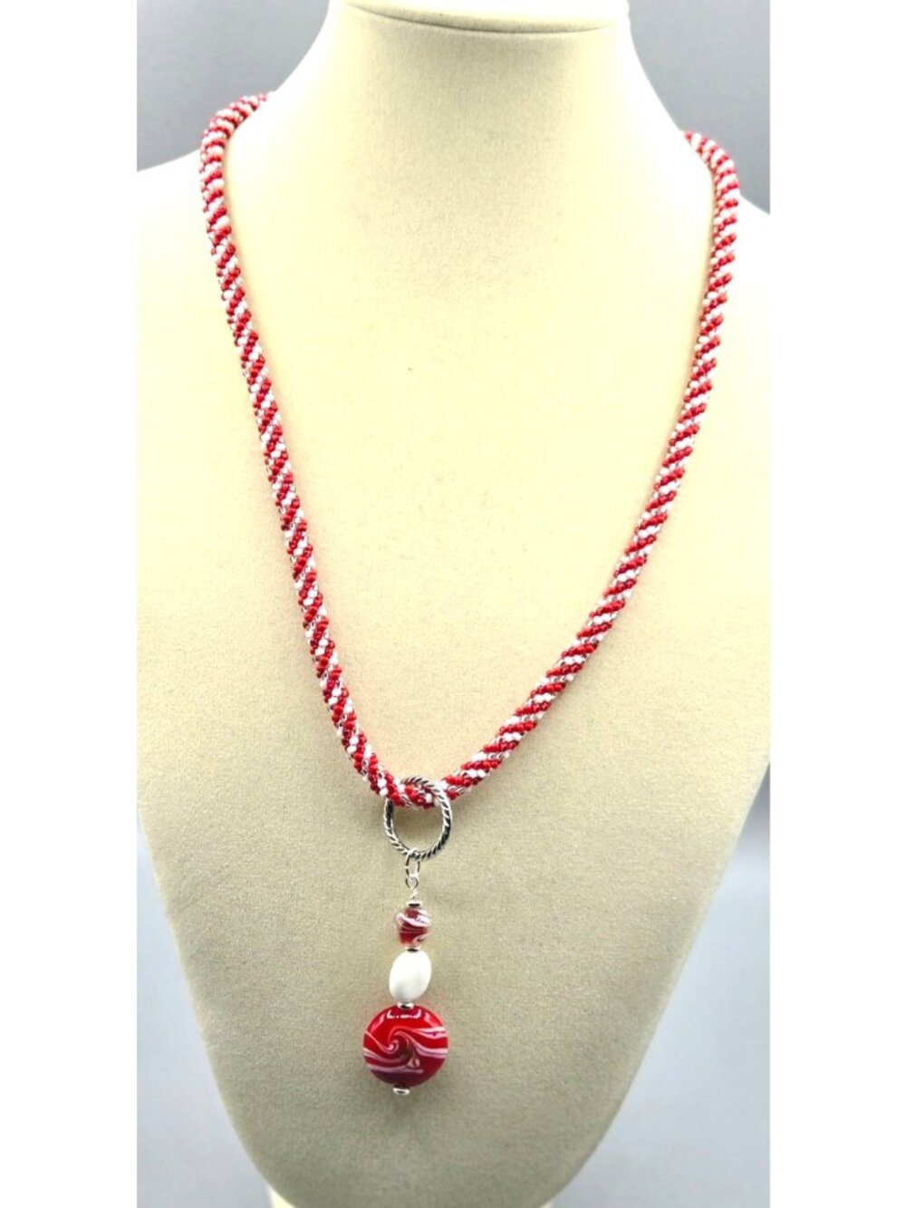Handmade Red and White Small Seed Bead Kumihimo Necklace w/Lampwork Bead Pendant